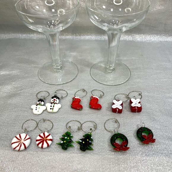Christmas Wine Blown Glass Markers Set of 12 Handcrafted Glass Charms - Picture 1 of 5